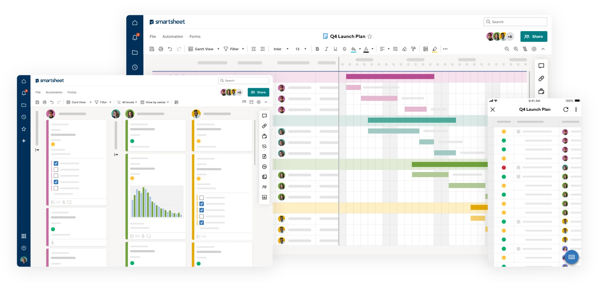 Smartsheet project plan shown in card, Gantt, and mobile views